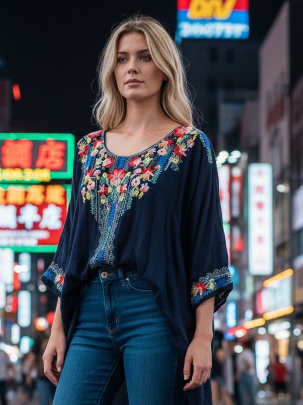 Johnny Was Embroidered Floral Boho Blouse Navy Blue Size Large